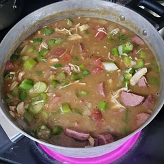 Double up on Cajun spice, add 1/16tsp of cayenne for minimal heat, get the roux to at least milk chocolate, I use 4 star Georgia sausage and 1lb chicken that I Shred, no shrimp. So good my fiance has me make it monthly so she can put in individual containers to freeze so she can eat it once a week.