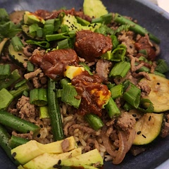 Used zucchini, red onion, beans and added some avocado after plating. Pretty good 