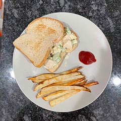 Don’t skip the chicken broth! Served on toasted white bread with homemade french fries.