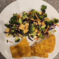 I used a store bought chickpea salad and added 1/2 c shredded red cabbage. Paired with fried flounder. 