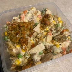 Doubled the recipe, it did still fit into a 9x13 baking dish. I did use stuffing for the first layer, then the mix & topped with more stuffing. Only changes I did was use sage stovetop stuffing & turkey instead of chicken. So good!!