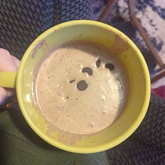 Most of the chocolate chips sunk by the time I took this picture. But I added shredded coconut, cinnamon, and a little milk for blending. Didn't wanna break out the food processor so used the blender & it was delicious 😊