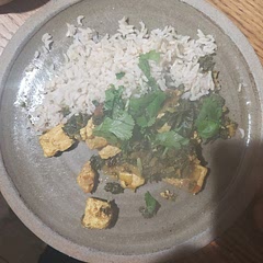 More spices, use cumin on tofu when friying, used kale instead of spinach. Made 6 persons worth but only enough for.