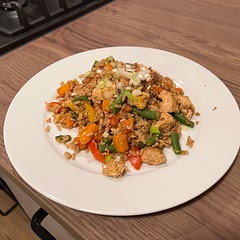 Instructions are rubbish!
Added more carrot, another pepper, small butternut squash & 2 eggs fried in the rice. 
Sauce was too 5 spice heavy but overall not a bad dish
