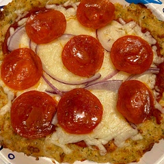 I let cook about 17 minutes in convection oven to get crispier. I also let everyone decide what toppings. 

I did sugar free bbq sauce chorizo pepperoni from hormel they were New. Bacon pieces from hormel. Purple onion and mozzarella.