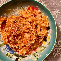 Used ground meatloaf mix (cuz I had it); added diced green bell pepper and minced garlic; deglazed pot with red wine (about 1/4 cup); used crushed tomatoes (cuz I had them);
