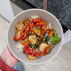bomb! used a frozen stir fry veggie mix with some added fresh carrots and red bell pepper. the sauce really makes it.