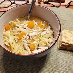 I added 1tsp thyme, 2 bay leaves, less salt, and 3 cups noodles. I shredded the chicken one hour and 15 minutes before done. 
