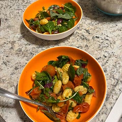Really bright flavors, very good, easy dish! I cooked the gnocchi on the opposite side of the pan from the tomatoes to get the gnocchi crisper on the outside. Added extra garlic & olive oil to the dressing, and a touch of chili oil.