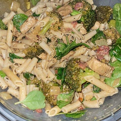 Added spinach and broccoli. Seemed to have a nice kick too it. I mixed the chicken with some olive oil and the seasoning and let it sit for about 15 minutes. Sauce was a bit runny. If add more cheese next time and less chicken broth.