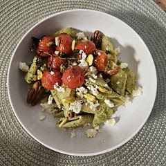 Thanks for the recipe! Enjoyed it, also added some pistachios to the pesto and as garnish too. For the pesto I had to ladle in a bit of the pasta water to get it to emulsify nicely, but the end result is great anyway!