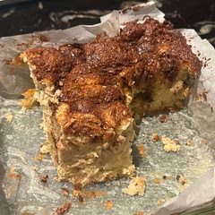 I cut the sugar only IN the cake to about 100-120g. It was delicious. I baked it for 45 minutes in an 8x8in glass baking dish.