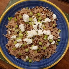 I used dried green lentils as that's what I had.  Spring onions (because that's what I had) and Feta (to bulk it out). Could use a sauce so next time will use a feta/coriander/yoghurt sauce wedd make