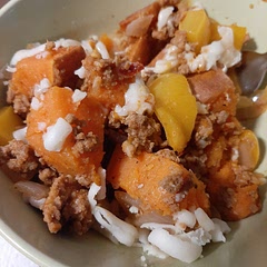 Added taco seasoning to the turkey for more flavor. Used 1.5 lb turkey, 1 onion, 2 yellow peppers, and 3 sweet potatos. Cooked onion, pepper, and garlic separate. Turned out really good.