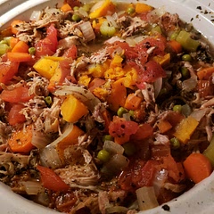 I cooked whole rabbits in vegetable stock to make rabbit stock and then shredded the meat off the bones before making this stew. I also eliminated the salt. 