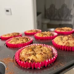 pleasantly surprised that these turned out fluffy, moist, and not overpowered by the peanut butter. added chocolate chips, walnuts, and cinnamon on top.

edit: they don’t save very well. they get kinda soggy 👎