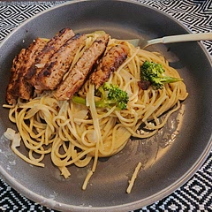 This was good, but it needed some extra stuff. I made a few substitutions, plant-based chickpea spaghetti noodles and coconut cream instead of heavy whipping cream. I also added broccoli and a plant-based salmon burger (Good Catch brand). It turned out quite good! I loved the lemony flavor.