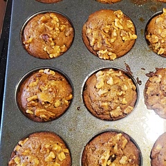 The best banana nut muffin recipe, hands down.
350 for 22mins

What I did differently:
6tbsp butter
Vanilla extract
No nutmeg 
Whole wheat flour
1 cup walnuts for the topping 