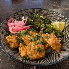 This will definitely be going into our weekly rotation! The harissa marinade was to die for and the pickled onions and mint were an excellent garnish. Also went great with some tzatziki on the side.