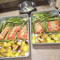 The drizzle on the salmon is just very garlicky. I feel like it needs something else. Still very tasty. Everything is cooked right. 10 minutes for sure instead of 12