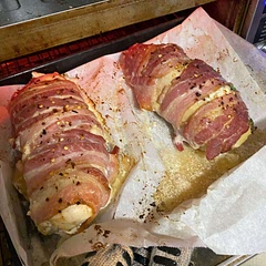 Added some thin sliced onion and small pieces of pineapple and then I wrapped in bacon and sprinkled with red pepper flakes before cooking, so good!