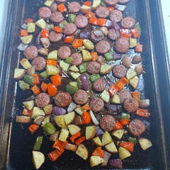 Delicious! Hubby doesn't like sweet potatoes so I substituted them for baby red skin potatoes, and subbed the broccoli for red onions. Thyme, basil, and oregano for seasonings. 10/10! 