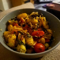 Tasty! I'd cut the cherry tomatoes ahead of time. I mixed it all in a bowl before dumping it onto the sheet pan