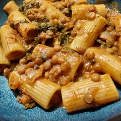Lentils need more cook time, hence more liquid if you don't like crunchy lentils.  Added a little nooch and nutmeg to tone down the bitterness.  Overall, a good, hearty pasta dish. 
