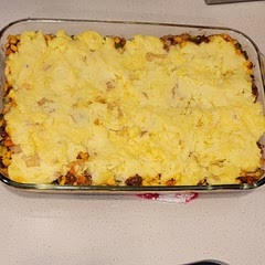 I used hamburger for the meat, and I had leftover mashed potatoes, so I used them. Very tasty. 