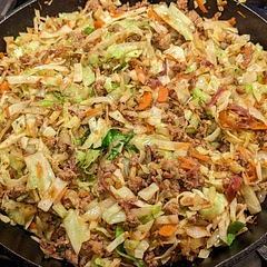 Added some ponzu lime sauce instead of making creamy sriracha. Omitted the water chestnuts per a personal preference. Swapped ground pork for ground turkey.  Used head of cabbage, shredded carrots and minced celery instead of using a bag. 