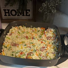 I used frozen broccoli, carrots, and peppers and added onion. Would like to add some soy sauce or something next time for some more flavor :)