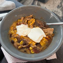 Didn’t have the rotel so actually used a can of diced tomatoes, a can of green enchilada sauce, and didn’t completely drain all the starch from the can of white chili beans.
