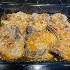 Pretty easy; chops tender and juicy. Had rice with it. forgot to put honey in sauce so I just poured honey over chops prior to putting in oven.  Yummy