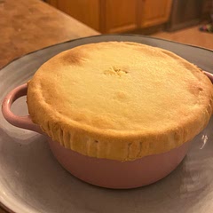 I made the recipe batch in a large Dutch oven and then portioned out into smaller Dutch pots so I could spread it out over a few days without the pastry going soggy (as added store bought pastry to reheat).
Also added a lot of Dijon mustard and stock cube. I used two shredded leeks as the base and whatever veggies I had which needed using up.
Very tasty after some tweaks to my personal taste, and would make again! ๐