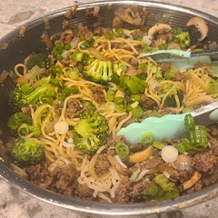 One of the best meals I've made in a long time (& that's saying a lot). Super quick & easy. 

I doubled the sauce, omitted red bell pepper, & added mushrooms. I used Cholula rather than Sriracha & used fresh yakisoba noodles. It would be just as fantastic with thinly sliced sirloin rather than the burger. Don't skimp on the green onion upon serving.