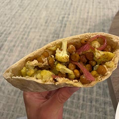 for chickpeas / cauliflower, use onion seasoning, garlic salt, avocado oil, red pepper flakes, and TJ’s indian seasoning. served with homemade hummus in toasted pita