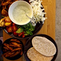 Really enjoyed this, simple and very tasty! I didn't have kebab skewers so cooked them unassembled using air fryer, which took half the time, tho had to continue the half potatoes in with the chips to be done. 