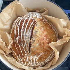 i’ve been using this recipe to make sourdough loaves for a few months and i’ve finally got it right! Usually it would be a little flatter and wouldn’t hold an ear, so i’m very happy that i’ve nearly perfected it