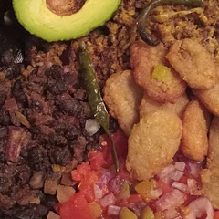 Substituted homemade salsa for store bought and unripe bananas for plantain s. 