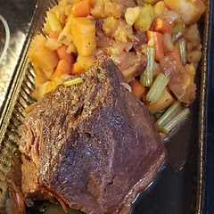 I added 1 cup beef broth and 1 cup water. Some beef gravy mix and beef stew seasoning. Dusted roast with kosher salt, pepper and garlic powder . It was tender, juicy and fast! Chopped onion, carrots, taters and Celery. 