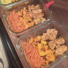 Ran out of broccoli hahaha chicken is delicious I didn't want to do chicken breast so I cut them up and I think it soaked up the flavor much better. I also let it marinate for like 15 minutes. I also did squash instead of sweet potato. 
