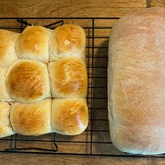 Made one half into buns, made 9 good sized buns (used a 9x9 pan) I recommend brushing with an egg wash for a shiny golden brown finish on top!