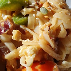 Came out really nicely. I used cashew nuts, peppers, carrots, red onion, sweetcorn. Didn't have fish sauce so used fish and veg stock cubes with a couple of tblspoons of Thai green paste, and left out the brown sugar. Sprinkled some seeds on top.