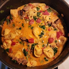 This was easy and tasty. I needed to make it thicker. I used Italian sausage in the casing - I cooked them & just cut them into bite size pieces. 