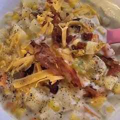 Really good.  I had to do the ham as a topping along with the cheese and bacon. This worked well for our family.  Great flavor, add salt and pepper to taste. I would add more garlic next time.