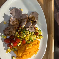 I added chargrilled sweetcorn and tomato’s to the salsa. Also a bit of sweet chilli sauce to the potato’s.  Very nice!  I overcoooked the tenderloin though so I would definitely go for the lower cooking time next time