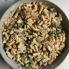 Added mushrooms and substituted peas for kale. Also added more cream cheese than asked for. Was delicious!