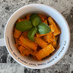Not bad, but may need some extra seasoning… perhaps garlic salt & black pepper. I used parmesan cheese instead of the yeast, & added an extra red bell pepper & also some extra garlic, & blended in some fresh basil.