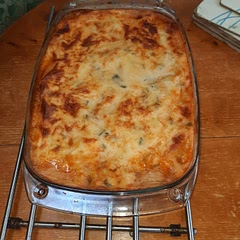 I added Tortiglioni No.23 pasta, and it still did the job.  To ensure it binds well, coat the pasta and stir well with the bechamel sauce.  It does make more, though, as the pasta is quite thick, but at least you are left with leftovers.