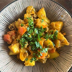 This was super yummy for how easy it was. We added ground lamb and had it as a main dish rather than a side dish (still made four servings though)! Might add carrots next time.